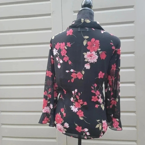 C.B Collections Women's Blouse 3/4 Sleeve Floral Black Red Semi Sheer Medium M - Picture 7 of 8